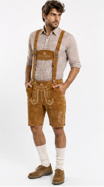 Mens Bavarian German Lederhosen Oktoberfest Traditional Outfit Genuine Leather Short Length